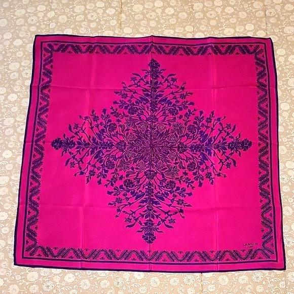NEW Lanvin Fuschia/Magenta & Purple Silk Scarf, Floral Pattern, 25" square - Picture 3 of 9